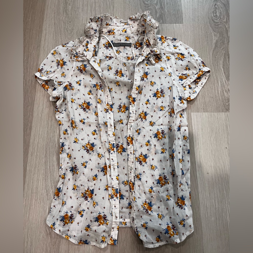 Zara Floral Shirt with ruffle neck detail